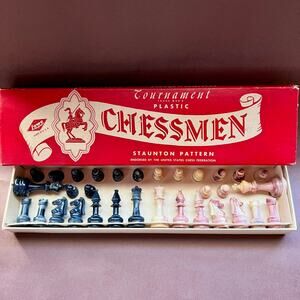 Vintage 50s ES Lowe Staunton Tournament Plastic Chess Set No 804 w Original Box